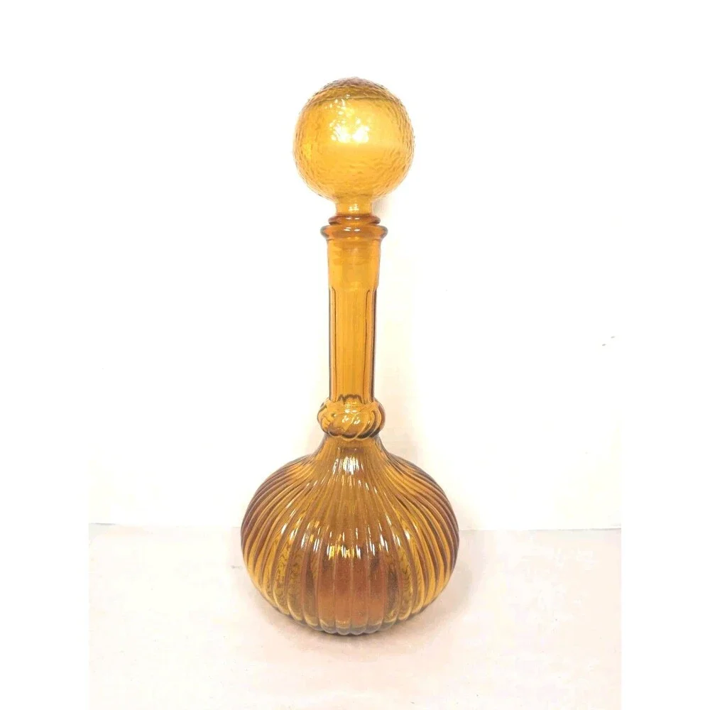 MCM Vintage Amber Glass Genie Bottle Italian Empoli Chemist Decanter 60s READ